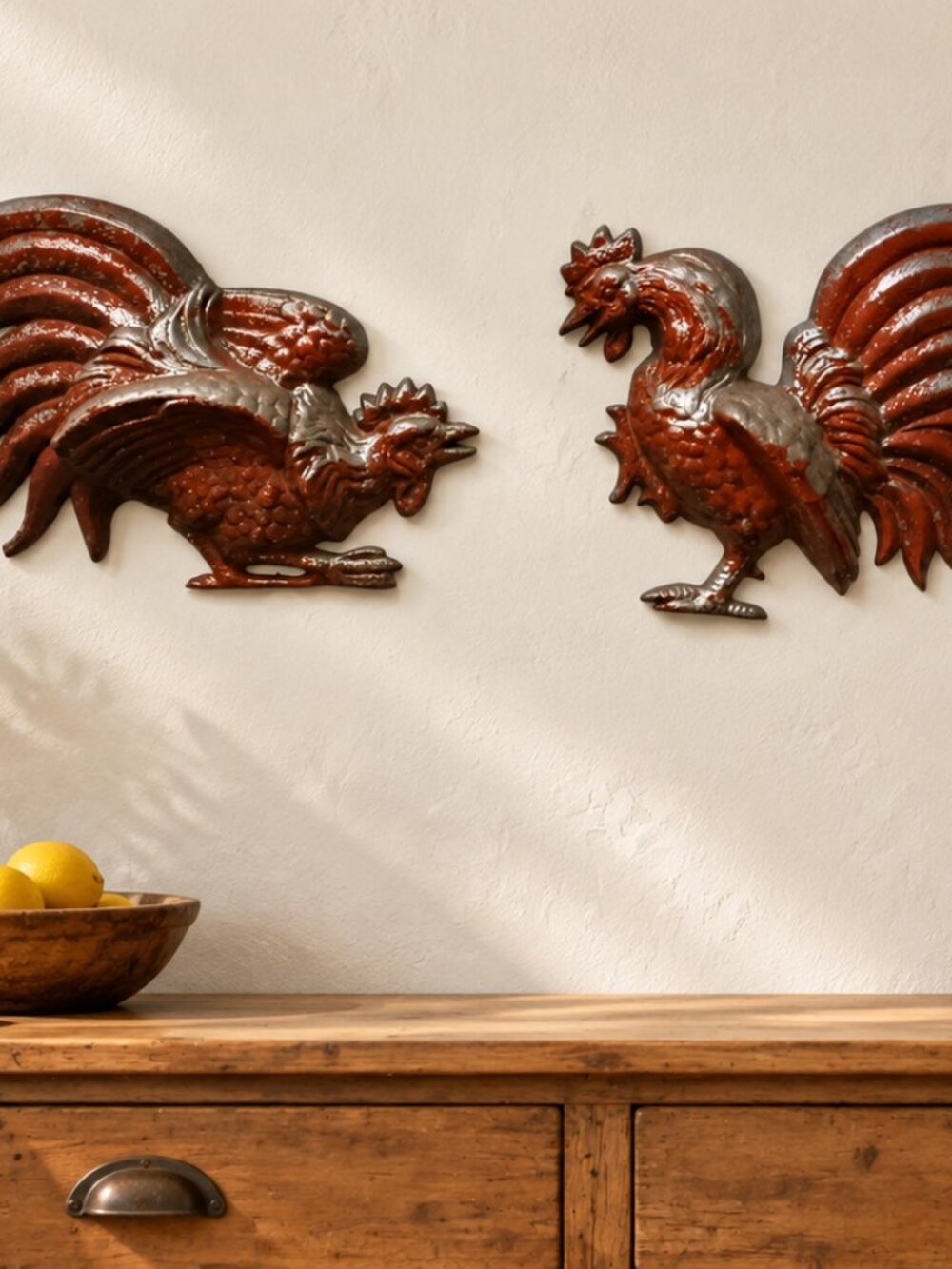 Vintage Pair MCM Cast Aluminum Cockfighting Roosters Wall Hangings Garden